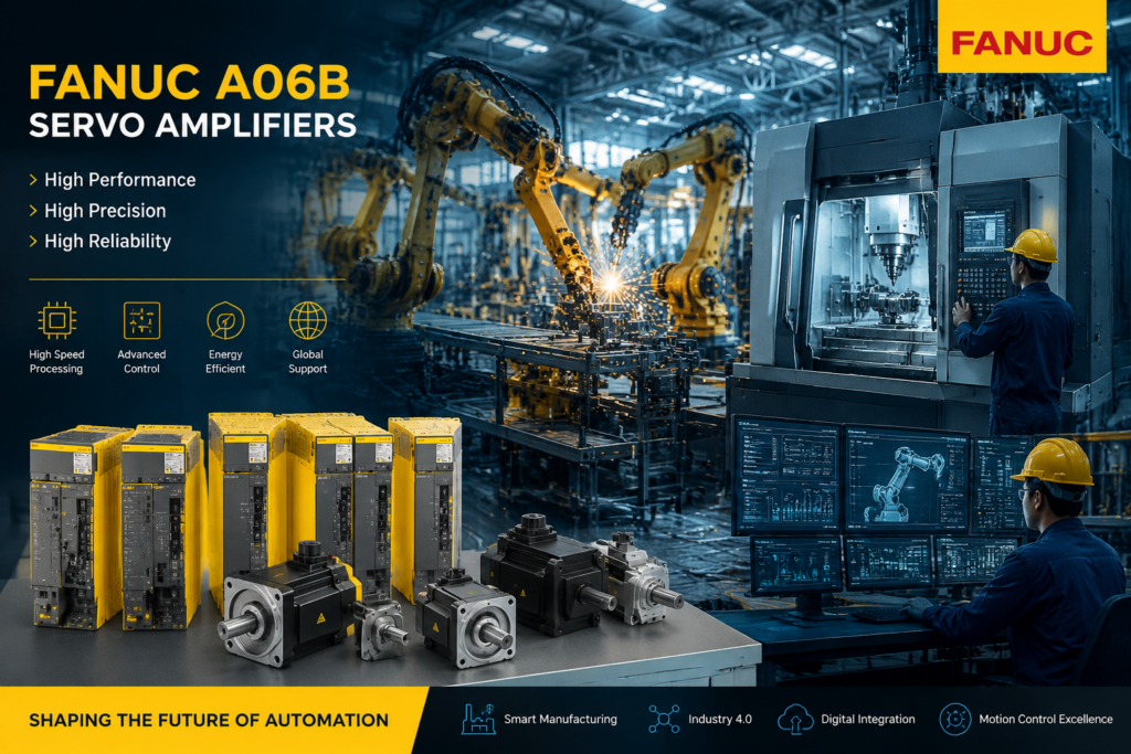 Smart factory automation concept featuring FANUC A06B series servo amplifiers powering robotic production lines, futuristic CNC machining center, engineers monitoring industrial control systems, digital motion control visualization, Industry 4.0 environment, high precision manufacturing, advanced robotics, dramatic industrial lighting, blue and orange cinematic color grading, realistic machinery, detailed servo motor systems, modern automated workshop, high-tech engineering atmosphere, commercial industrial banner design, ultra realistic, 8k, mechanical precision aesthetic Negative prompt: sci-fi fantasy, low detail, deformed machinery, blurry robot arms, poor lighting, messy composition, unrealistic colors, text artifacts