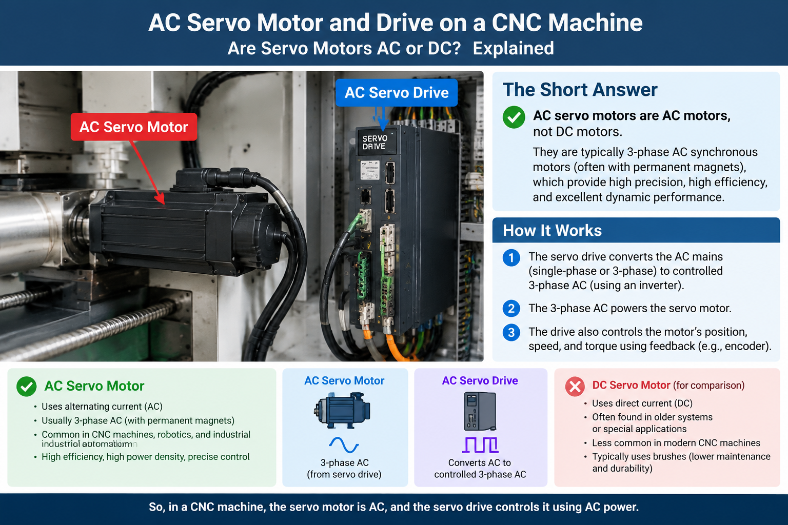 AC servo motor and drive on a CNC machine: are servo motors AC or DC explained