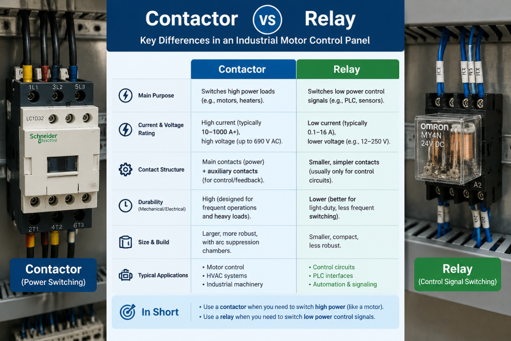Contactor vs relay comparison in an industrial motor control panel