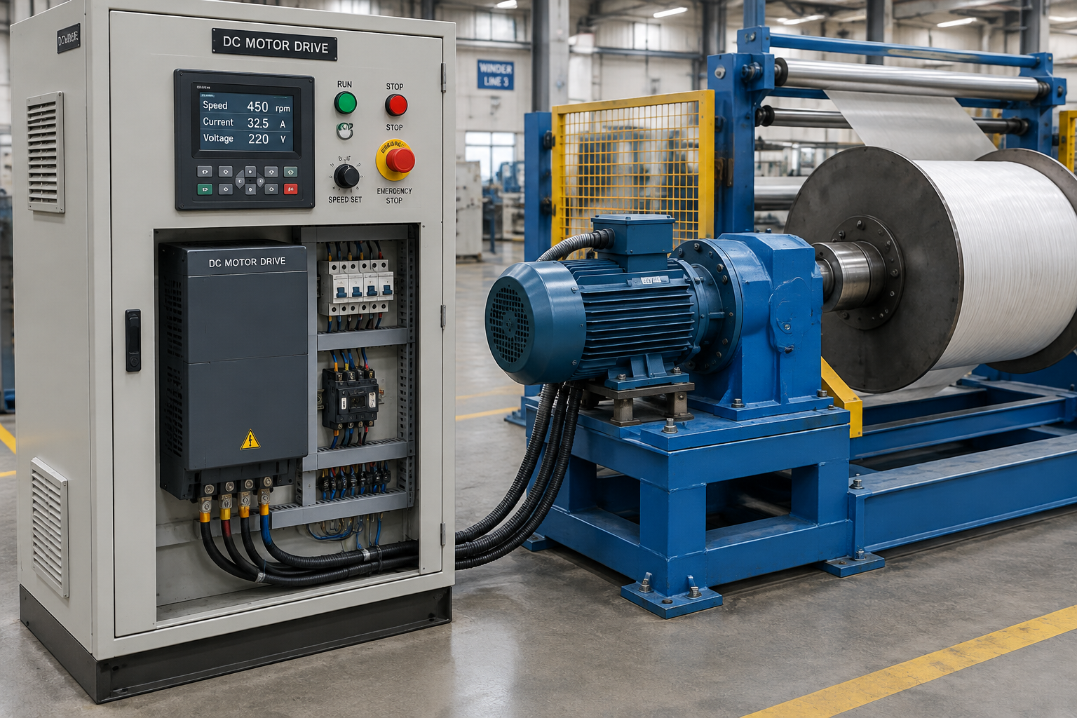 DC motor drive cabinet controlling a DC motor on an industrial winder