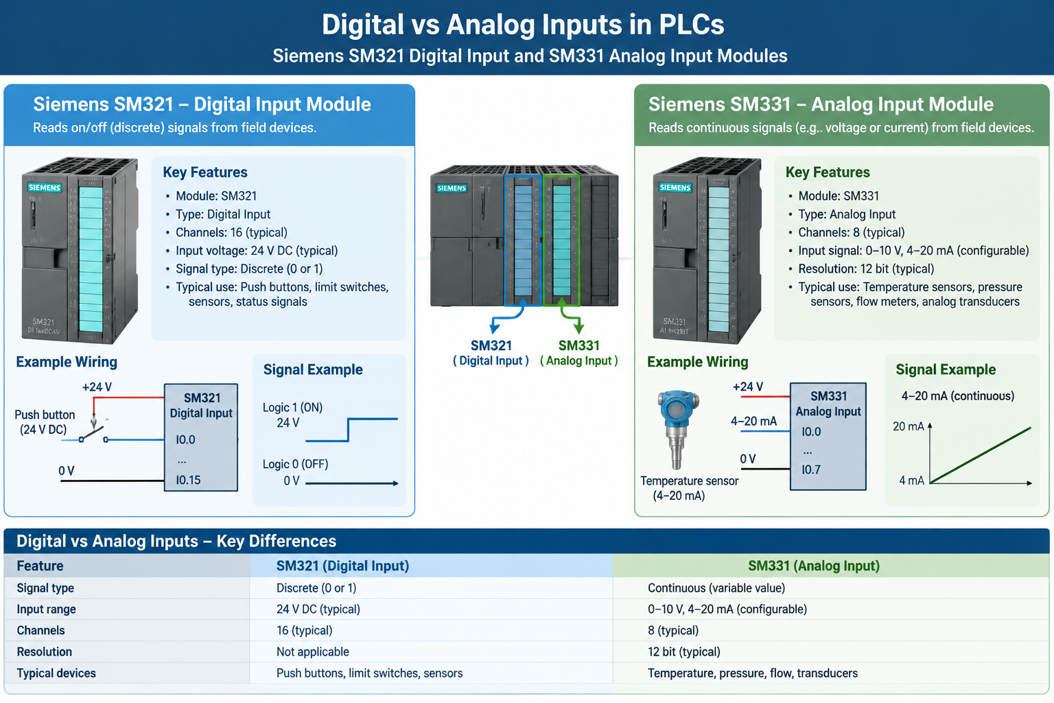 Digital vs analog inputs in PLCs: Siemens SM321 digital input and SM331 analog input modules