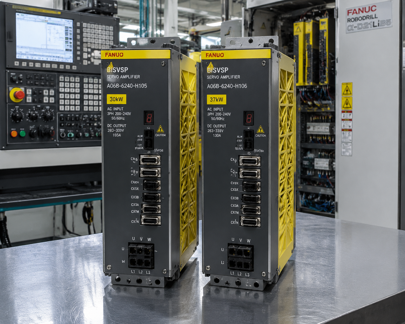 FANUC BiSVSP 伺服放大器 A06B-6240-H105 与 A06B-6240-H106 并排展示，高分辨率工业照片，背景为 CNC 控制柜和自动化设备，突出功率差异、精密工程和工业环境。