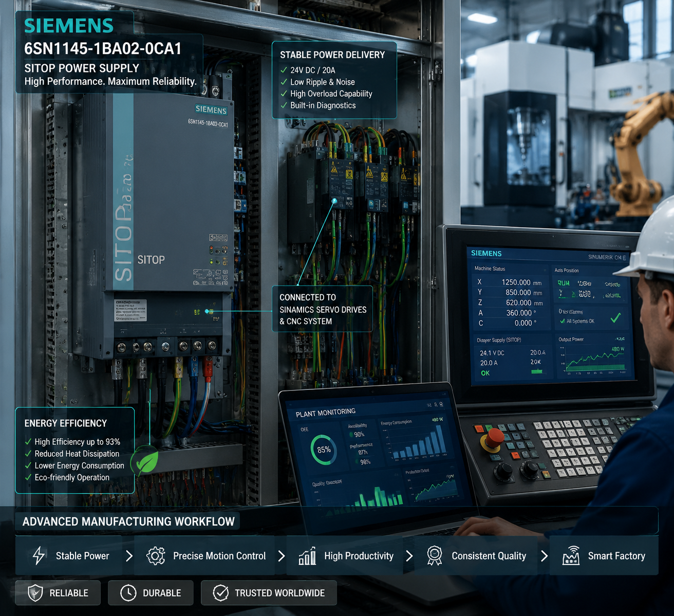 Dynamic industrial automation scene showing Siemens 6SN1145-1BA02-0CA1 power supply unit installed inside a CNC control cabinet, connected to servo drives and industrial automation systems, with engineers monitoring diagnostics on digital displays, highlighting stable power delivery, energy efficiency, and advanced manufacturing workflow.