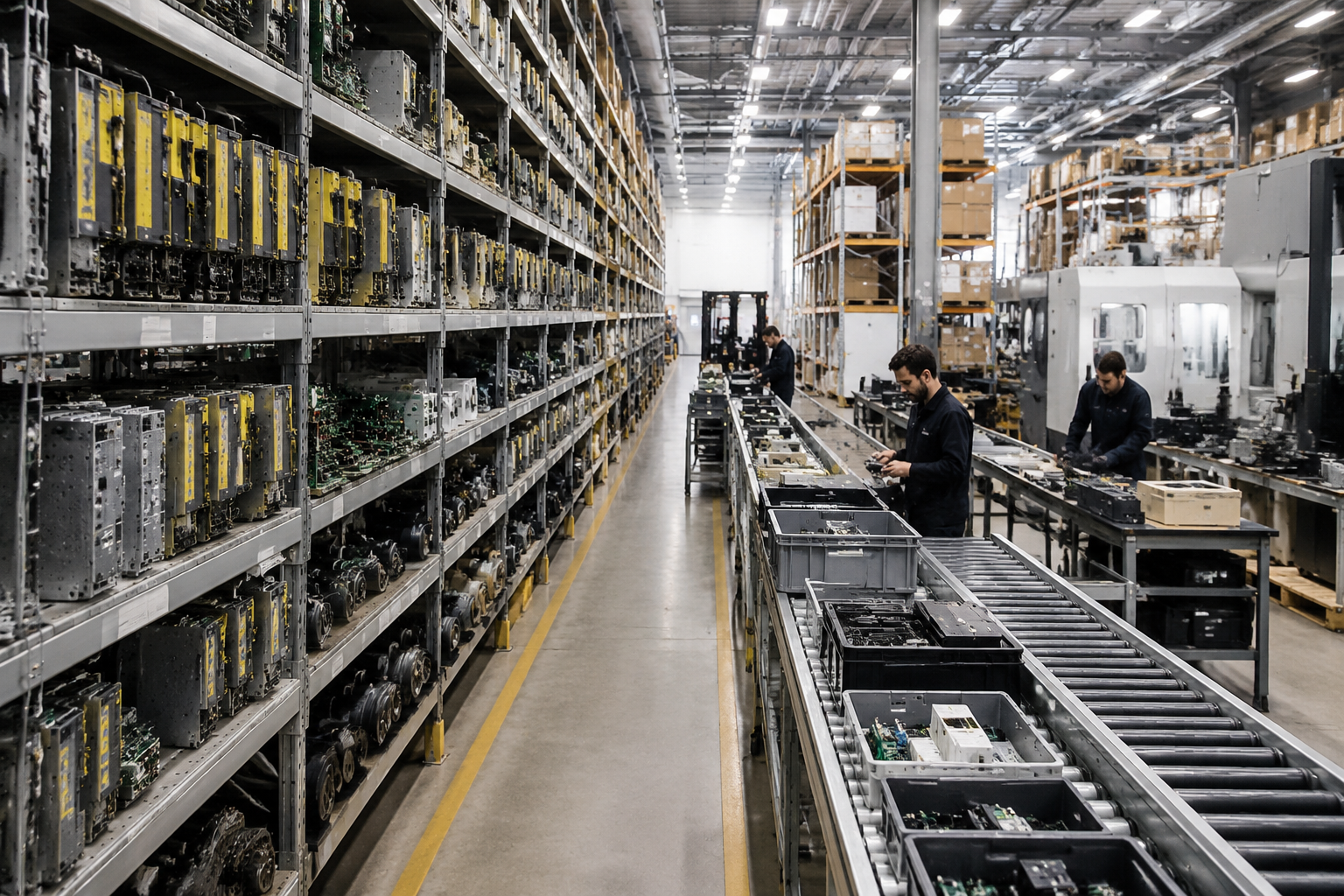 Industrial automation warehouse with neatly organized shelves containing Siemens 6FC series NCU boards, CNC controllers, motors, and PLC modules, with workers inspecting components and conveyor belts for logistics.