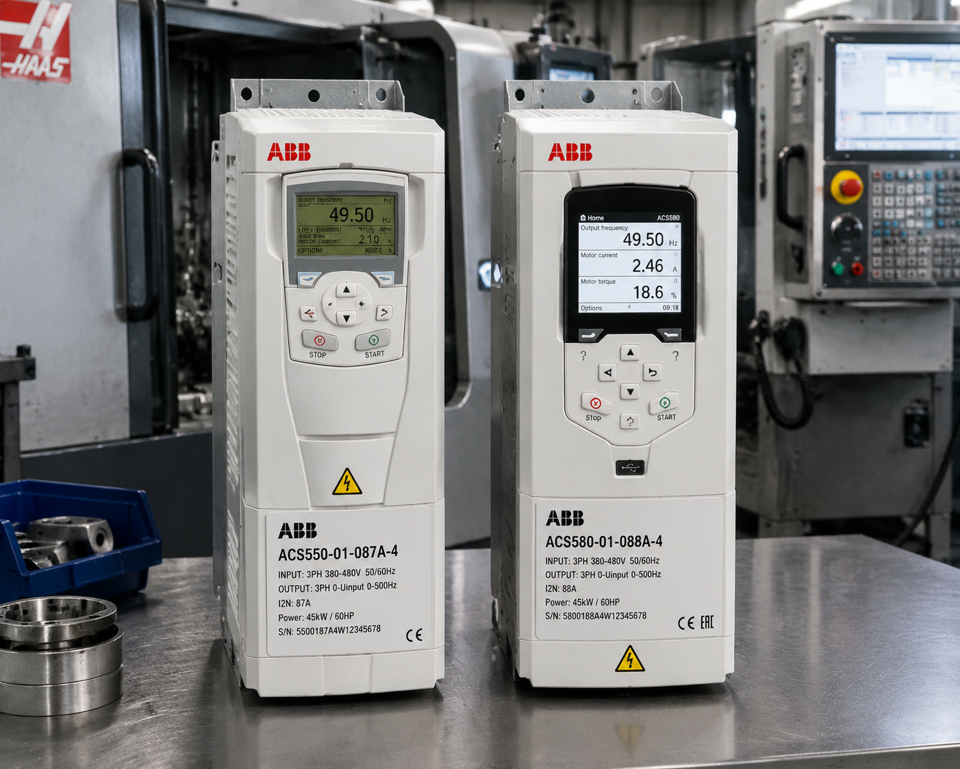 ABB ACS550-01-087A-4 与 ACS580-01-088A-4 变频驱动器并排展示，高分辨率工业照片，背景为 CNC 机床和控制面板，突出工业自动化和专业环境。