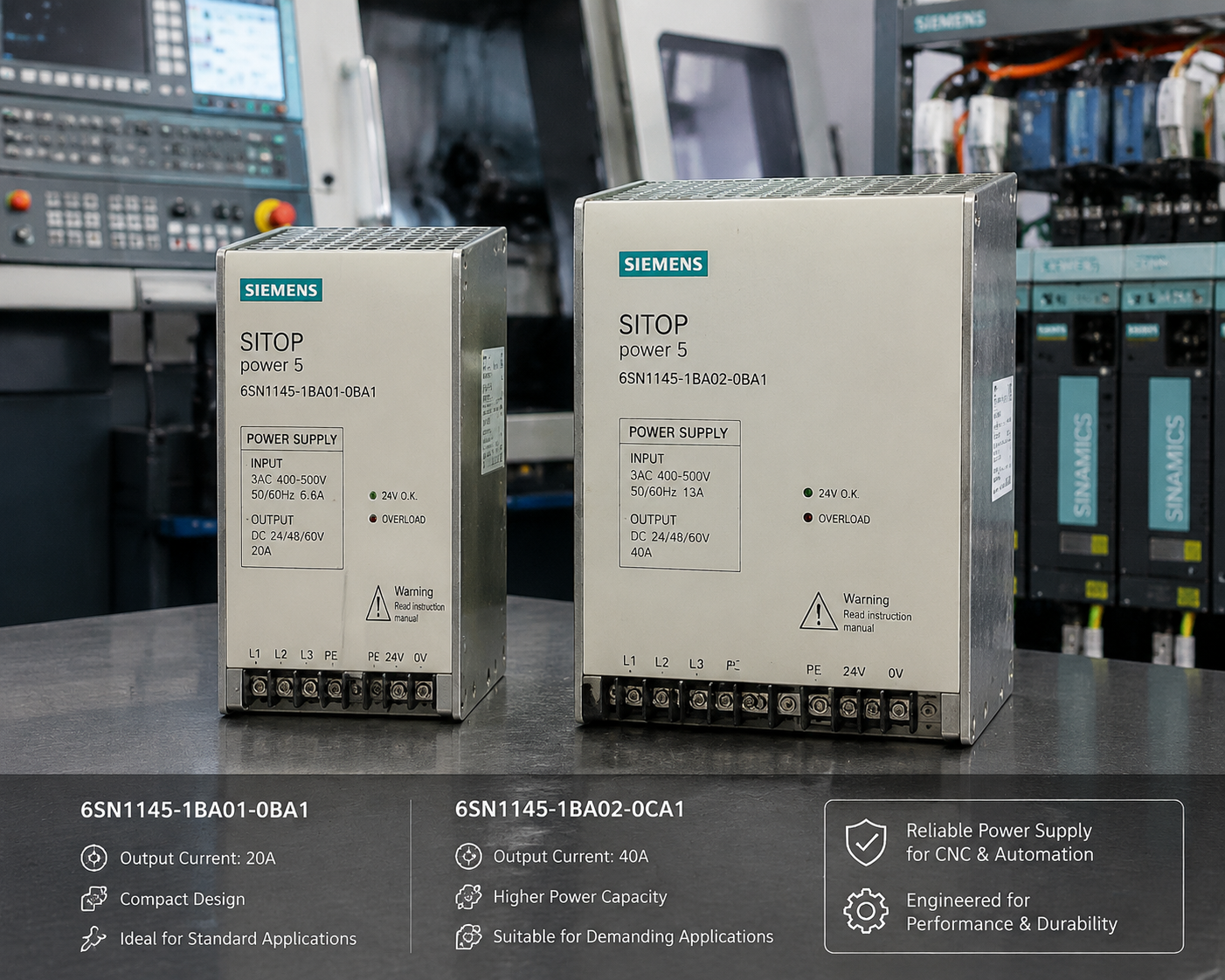 Siemens 电源模块 6SN1145-1BA01-0BA1 与 6SN1145-1BA02-0CA1 并排展示,高分辨率工业照片,背景为 CNC 驱动系统和工业自动化设备,突出功率容量、工业设计和耐用结构。