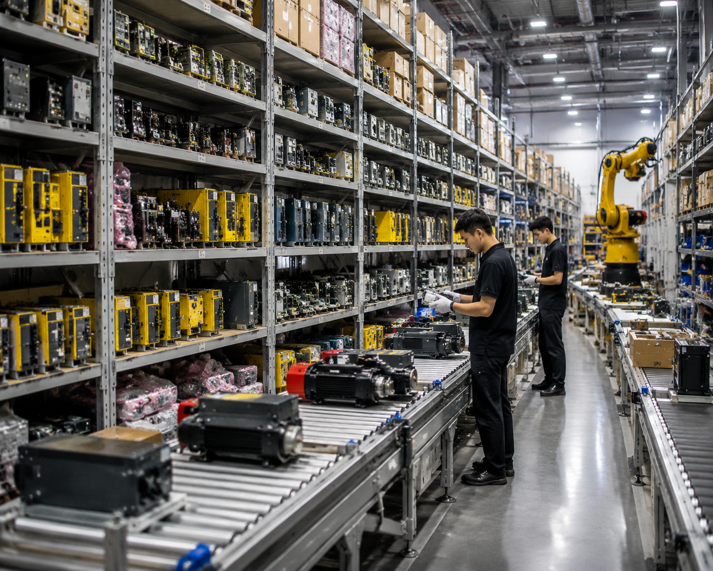 High-resolution realistic industrial automation warehouse, neatly organized shelves filled with FANUC A06B servo amplifiers, motors, PLC modules, amplifiers, encoders, and other CNC components, conveyor belts for fast logistics, warehouse workers inspecting components, bright LED lighting, clean concrete floors, modern industrial shelving, multi-brand spare parts (Siemens, Mitsubishi, ABB), deep perspective showing long rows of racks, industrial machinery in operation, realistic shadows and reflections, professional warehouse environment, no text overlays