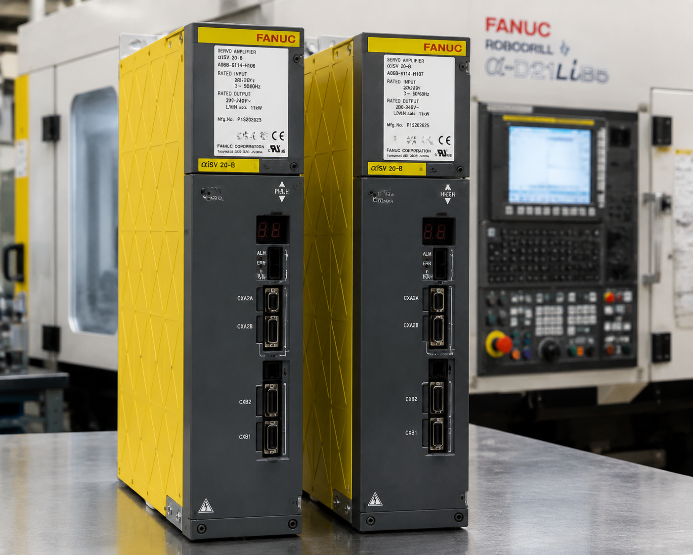 FANUC Alpha iSV 伺服模块 A06B-6114-H106 和 A06B-6114-H107 的高分辨率工业展示图，背景为 CNC 机械设备，体现精密工程和专业工业自动化环境。